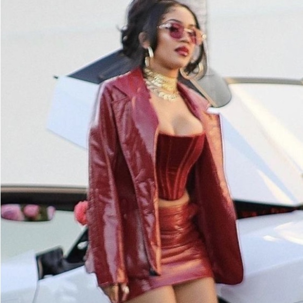 Wine Vegan Leather Mini Skirt and Blazer Set